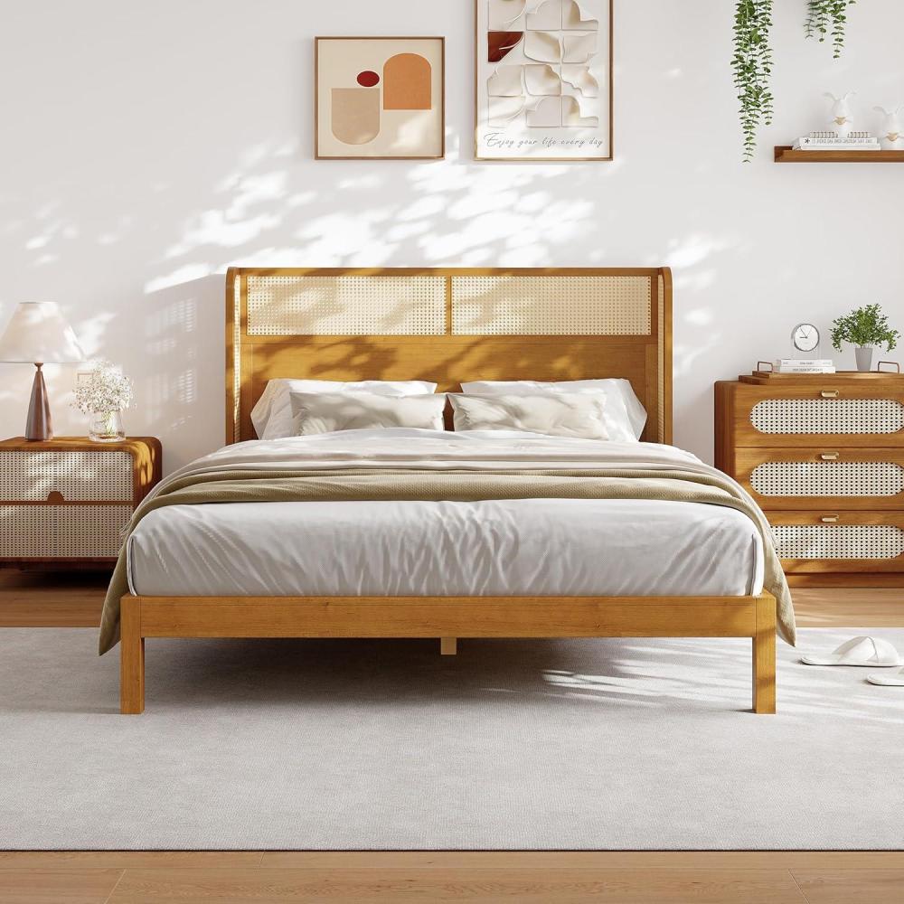 image:imageChristopher Knight Home Tamken Mid Century Modern Queen Bed Frame with Headboard Rubber Wood Platform Bed Frame Solid and Stable Bedframe Slats Panel Support No Box Spring Needed NaturalQueen Size