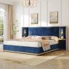 Christopher Knight Home Harley Upholstered King Size Bed Frame with LED Lights and Side Panels, Velvet Bed Frame King Size with Headboard, Wooden Slats, Easy Assembly, No Box Spring Needed, Beige(Blue)