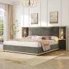 Christopher Knight Home Harley Upholstered King Size Bed Frame with LED Lights and Side Panels, Velvet Bed Frame King Size with Headboard, Wooden Slats, Easy Assembly, No Box Spring Needed, Beige(Grey)