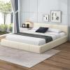 Christopher Knight Home Nahat Queen Size Upholstered Platform Bed, Faux Leather Bed Frame and Headboard, Wood Bed Support and Slat, Stylish Fully Mattress Foundation, No Box Spring Needed, Beige(Beige)