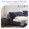 Christopher Knight Home Olimo Upholstered King Bed, Soft Fabric King Headboard and Bed Frame, Two Large Adjustable Pillows, Slats Panel Support, No Spring Box Needed, Easy Assembly, 800lbs Beige(Dark Blue)