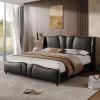 Christopher Knight Home Svanta King Size Upholstered Bed Frame, Modern Faux Leather Bed Frame with Wingback Headboard, Upholstered Platform Bed with Wavy Footboard, No Spring Box Needed, Antique Blue(Black)