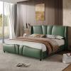Christopher Knight Home Svanta King Size Upholstered Bed Frame, Modern Faux Leather Bed Frame with Wingback Headboard, Upholstered Platform Bed with Wavy Footboard, No Spring Box Needed, Antique Blue(Dark Green)
