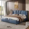 Christopher Knight Home Svanta King Size Upholstered Bed Frame, Modern Faux Leather Bed Frame with Wingback Headboard, Upholstered Platform Bed with Wavy Footboard, No Spring Box Needed, Antique Blue(Antique Blue)