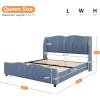 Christopher Knight Home Svanta King Size Upholstered Bed Frame, Modern Faux Leather Bed Frame with Wingback Headboard, Upholstered Platform Bed with Wavy Footboard, No Spring Box Needed, Antique Blue(Antique Blue)
