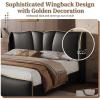 Christopher Knight Home Svanta King Size Upholstered Bed Frame, Modern Faux Leather Bed Frame with Wingback Headboard, Upholstered Platform Bed with Wavy Footboard, No Spring Box Needed, Antique Blue(Black)