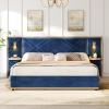 Christopher Knight Home Harley Upholstered King Size Bed Frame with LED Lights and Side Panels, Velvet Bed Frame King Size with Headboard, Wooden Slats, Easy Assembly, No Box Spring Needed, Beige(Blue)