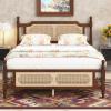 Christopher Knight Home Lucill Queen Size Bed Frame with Rattan Headboard Footboard, Pine Wood Platform Bed, Enhanced Support Feet, Vintage Design, Underbed Storage, Easy Assembly, Espresso Brown(Walnut)