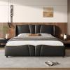 Christopher Knight Home Svanta King Size Upholstered Bed Frame, Modern Faux Leather Bed Frame with Wingback Headboard, Upholstered Platform Bed with Wavy Footboard, No Spring Box Needed, Antique Blue(Black)