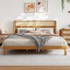 Christopher Knight Home Tamken Mid Century Modern Queen Bed Frame with Headboard, Rubber Wood Platform Bed Frame, Solid and Stable Bedframe, Slats Panel Support, No Box Spring Needed, Natural(King Size)