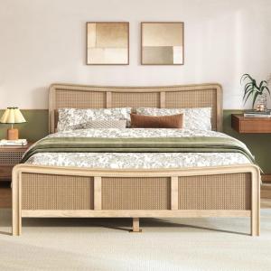 Christopher Knight Home Freda Boho Wooden Queen Bed Frame with Headboard, Rectangular Queen Size Bed Frame with Natural Rattan Adjustable Headboard, Platform Bed Frame, No Box Spring Needed, Brown