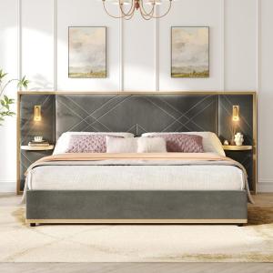 Christopher Knight Home Harley Upholstered King Size Bed Frame with LED Lights and Side Panels, Velvet Bed Frame King Size with Headboard, Wooden Slats, Easy Assembly, No Box Spring Needed, Beige(Grey)