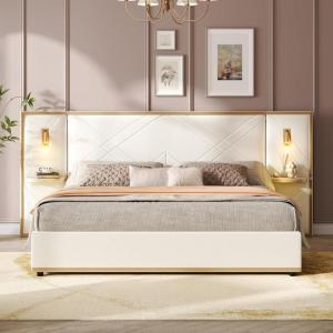 Christopher Knight Home Harley Upholstered King Size Bed Frame with LED Lights and Side Panels, Velvet Bed Frame King Size with Headboard, Wooden Slats, Easy Assembly, No Box Spring Needed, Beige(Beige)