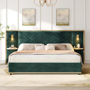 Christopher Knight Home Harley Upholstered King Size Bed Frame with LED Lights and Side Panels, Velvet Bed Frame King Size with Headboard, Wooden Slats, Easy Assembly, No Box Spring Needed, Beige(Green)