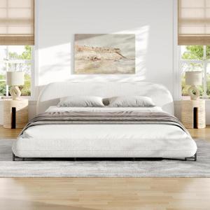 Christopher Knight Home Hazel Boucle King Size Bed Frame and Headboard, Upholstered King Size Bed, Round Curve Headboard, Solid Wood and Steel Support, No Box Spring Needed, Easy Assembly, White(King)
