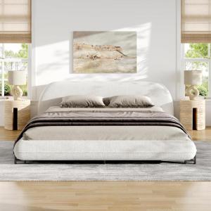 Christopher Knight Home Hazel Boucle King Size Bed Frame and Headboard, Upholstered King Size Bed, Round Curve Headboard, Solid Wood and Steel Support, No Box Spring Needed, Easy Assembly, White(Queen)
