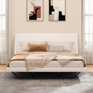 Christopher Knight Home Hudley Faux Leather Queen Size Bed Frame with Headboard, PU Queen Size Platform Bed Frame with Metal Leg, Noise-Free Wooden Slat Support, No Box Spring Needed, White(White)