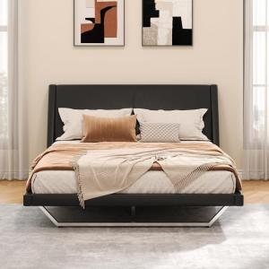 Christopher Knight Home Hudley Faux Leather Queen Size Bed Frame with Headboard, PU Queen Size Platform Bed Frame with Metal Leg, Noise-Free Wooden Slat Support, No Box Spring Needed, White(Black)