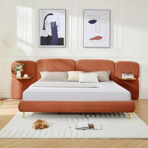 Christopher Knight Home Joplin Modern King Size Platform Bed Frame with Fabric Upholstered Headboard, Wooden King Size Bed Frame with Side Shelves, No Box Spring Needed, Easy Assembly, Orange(Orange)