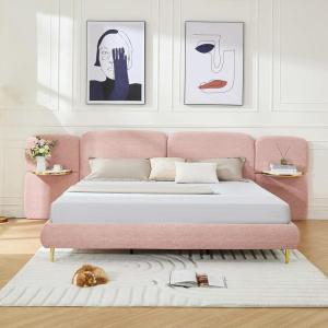 Christopher Knight Home Joplin Modern King Size Platform Bed Frame with Fabric Upholstered Headboard, Wooden King Size Bed Frame with Side Shelves, No Box Spring Needed, Easy Assembly, Orange(Pink)