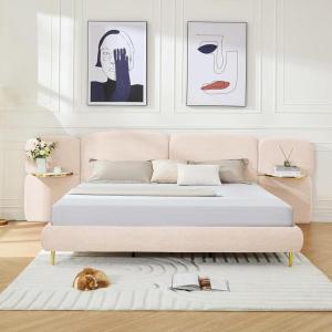 Christopher Knight Home Joplin Modern King Size Platform Bed Frame with Fabric Upholstered Headboard, Wooden King Size Bed Frame with Side Shelves, No Box Spring Needed, Easy Assembly, Orange(Beige)