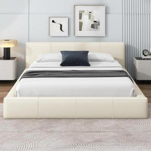 Christopher Knight Home Nahat Full Size Upholstered Platform Bed, Faux Leather Bed Frame and Headboard, Wood Bed Support and Slat, Stylish Fully Mattress Foundation, No Box Spring Needed, Beige