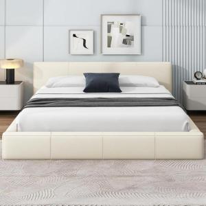 Christopher Knight Home Nahat Queen Size Upholstered Platform Bed, Faux Leather Bed Frame and Headboard, Wood Bed Support and Slat, Stylish Fully Mattress Foundation, No Box Spring Needed, Beige(Beige)
