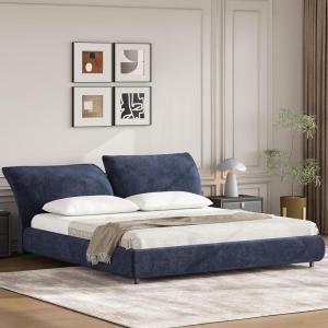 Christopher Knight Home Olimo Upholstered King Bed, Soft Fabric King Headboard and Bed Frame, Two Large Adjustable Pillows, Slats Panel Support, No Spring Box Needed, Easy Assembly, 800lbs Beige(Dark Blue)