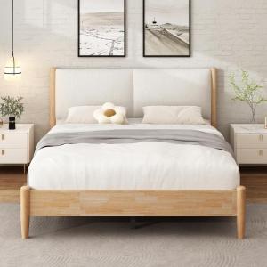 Christopher Knight Home Raven Modern Queen Size Bed Frame with Upholstered Headboard, Natural Wood Queen Size Platform Bed Frame and Headboard, No Box Spring Needed, Easy Assembly, White+Natural(Queen (U.S. Standard))