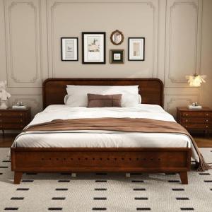 Christopher Knight Home Skyles King Size Bed, King Size Platform Bed, Pind Wood Headboard and Footboard, Wooden Headboard, No Box Spring Needed, Slats Panel Support, Rustic Openwork Design, Natural(Walnut)
