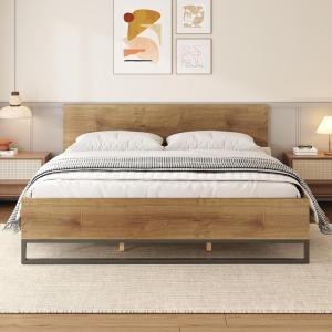 Christopher Knight Home Skyles Wood King Size Bed, MDF King Size Headboard, Platform Bed, MDF Headboard and Footboard, Wood and Iron Frame, Slat Panel Support, Easy Assembly, 650lbs Natural+Black(King)