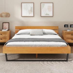 Christopher Knight Home Skyles Wood Queen Size Bed, Slat Panel Queen Size Headboard, Pine Wood Platform Bed, Open Back Headboard, Iron Legs, No Box Spring Needed, Easy Assembly, 650lbs Natural+Black(Queen)