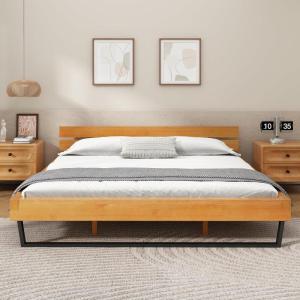 Christopher Knight Home Skyles Wood Queen Size Bed, Slat Panel Queen Size Headboard, Pine Wood Platform Bed, Open Back Headboard, Iron Legs, No Box Spring Needed, Easy Assembly, 650lbs Natural+Black(King)
