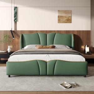 Christopher Knight Home Svanta King Size Upholstered Bed Frame, Modern Faux Leather Bed Frame with Wingback Headboard, Upholstered Platform Bed with Wavy Footboard, No Spring Box Needed, Antique Blue(Dark Green)