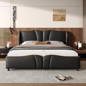 Christopher Knight Home Svanta King Size Upholstered Bed Frame, Modern Faux Leather Bed Frame with Wingback Headboard, Upholstered Platform Bed with Wavy Footboard, No Spring Box Needed, Antique Blue(Black)