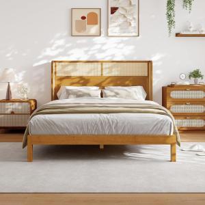 Christopher Knight Home Tamken Mid Century Modern Queen Bed Frame with Headboard, Rubber Wood Platform Bed Frame, Solid and Stable Bedframe, Slats Panel Support, No Box Spring Needed, Natural(Queen Size)