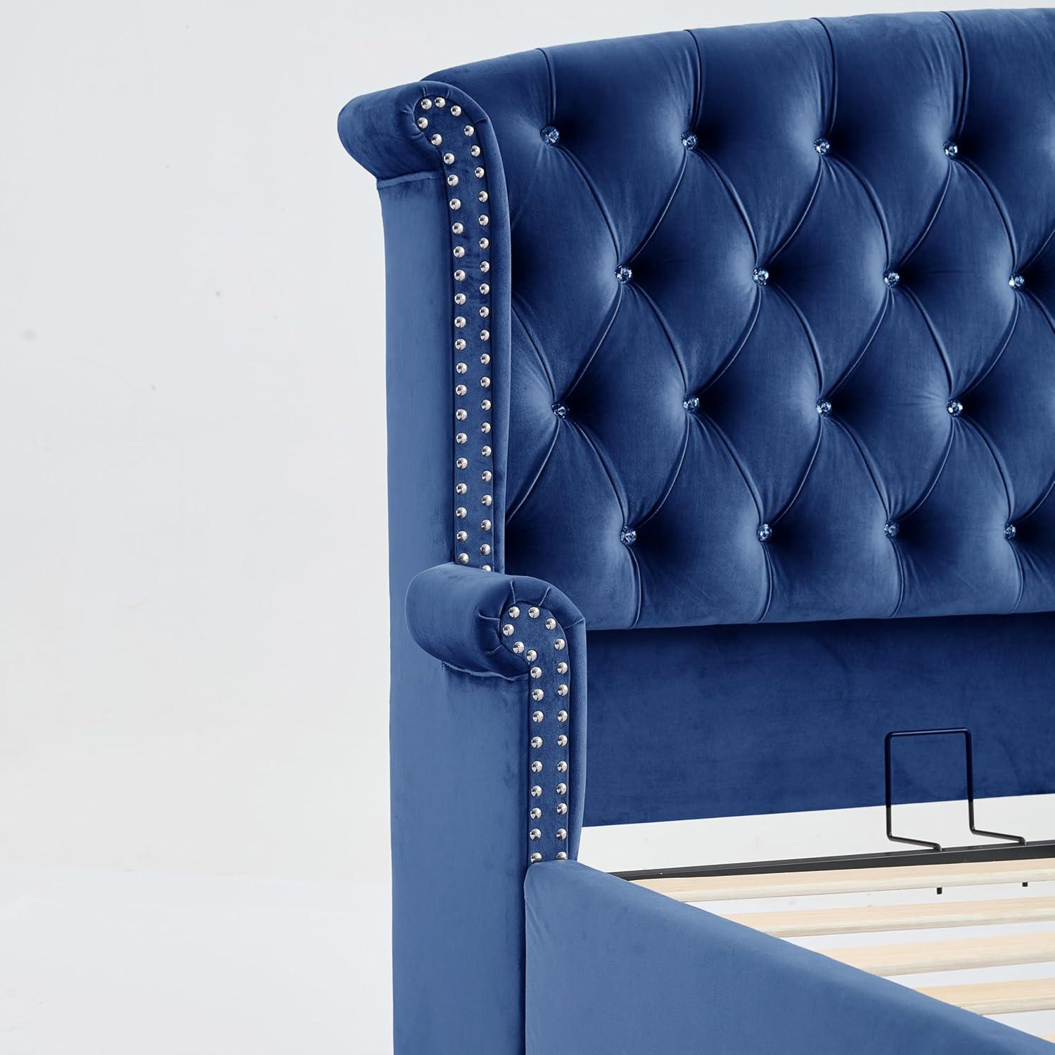 image:imageChristopher Knight Home Averil Modern King Size Platform Bed Frame with Velvet Upholstered Headboard Wooden King Size Bed Frame with Wingback Headboard No Box Spring Needed Easy Assembly CreamNavy Blue