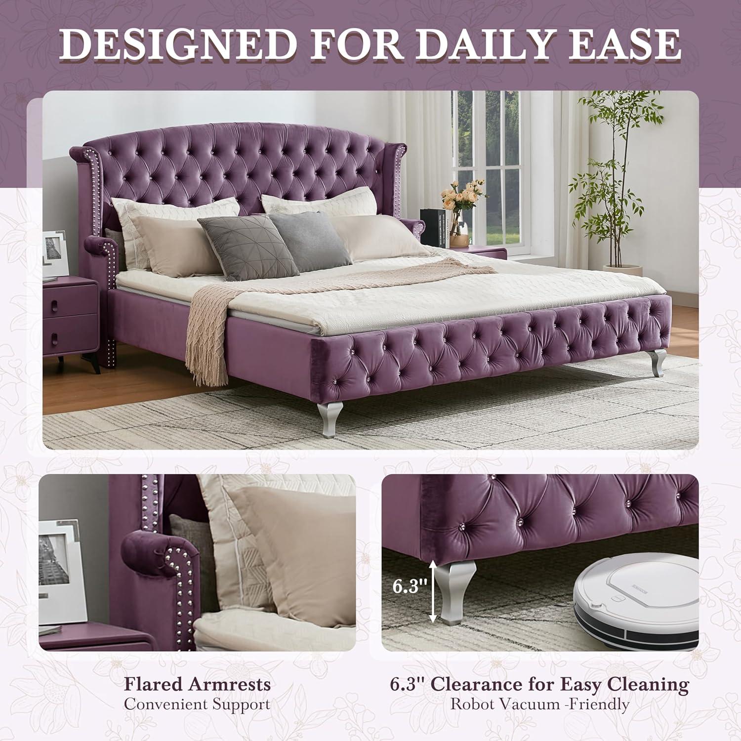 image:imageChristopher Knight Home Averil Modern King Size Platform Bed Frame with Velvet Upholstered Headboard Wooden King Size Bed Frame with Wingback Headboard No Box Spring Needed Easy Assembly CreamPurple