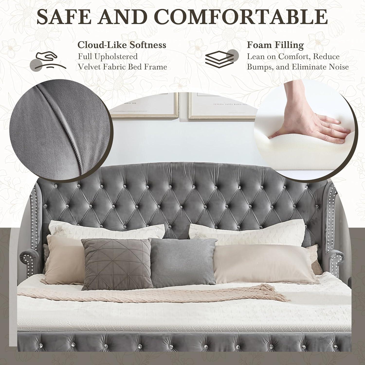 image:imageChristopher Knight Home Averil Modern King Size Platform Bed Frame with Velvet Upholstered Headboard Wooden King Size Bed Frame with Wingback Headboard No Box Spring Needed Easy Assembly CreamDark Grey