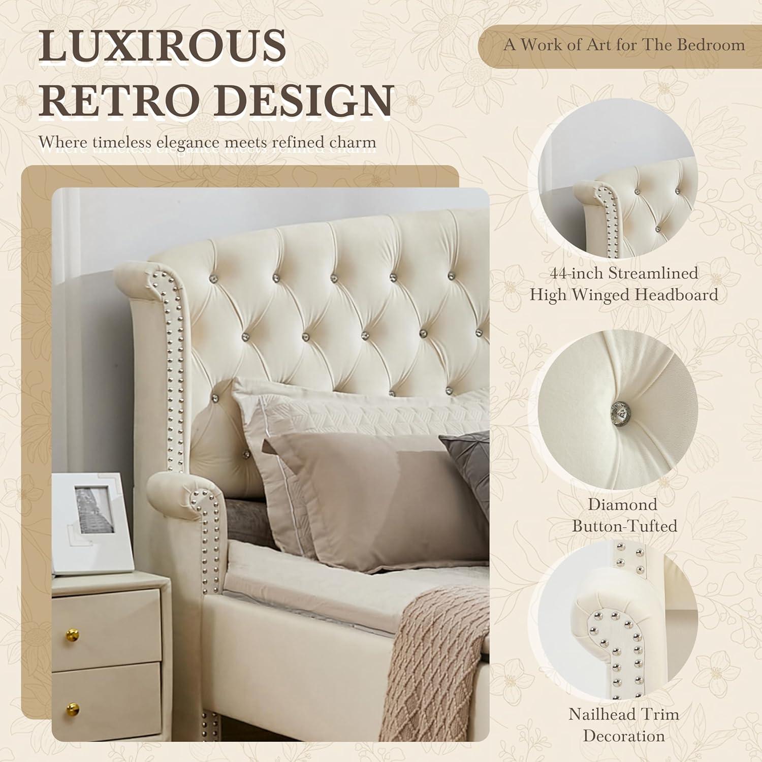 image:imageChristopher Knight Home Averil Modern King Size Platform Bed Frame with Velvet Upholstered Headboard Wooden King Size Bed Frame with Wingback Headboard No Box Spring Needed Easy Assembly CreamCream
