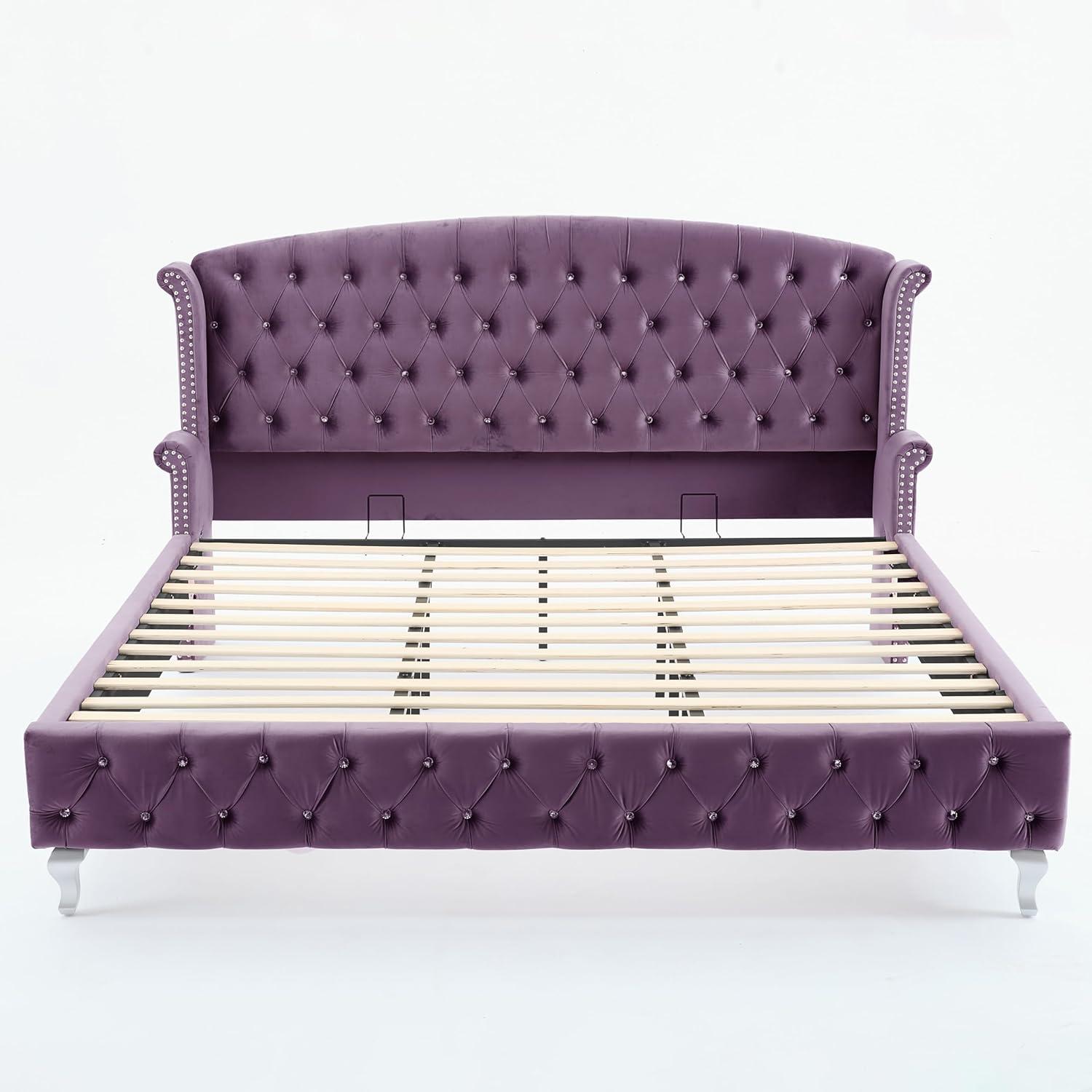 image:imageChristopher Knight Home Averil Modern King Size Platform Bed Frame with Velvet Upholstered Headboard Wooden King Size Bed Frame with Wingback Headboard No Box Spring Needed Easy Assembly CreamPurple