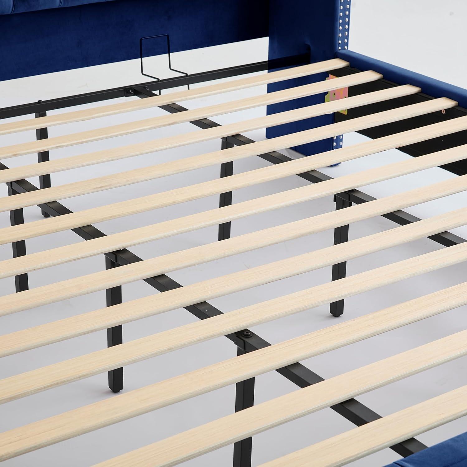 image:imageChristopher Knight Home Averil Modern King Size Platform Bed Frame with Velvet Upholstered Headboard Wooden King Size Bed Frame with Wingback Headboard No Box Spring Needed Easy Assembly CreamNavy Blue