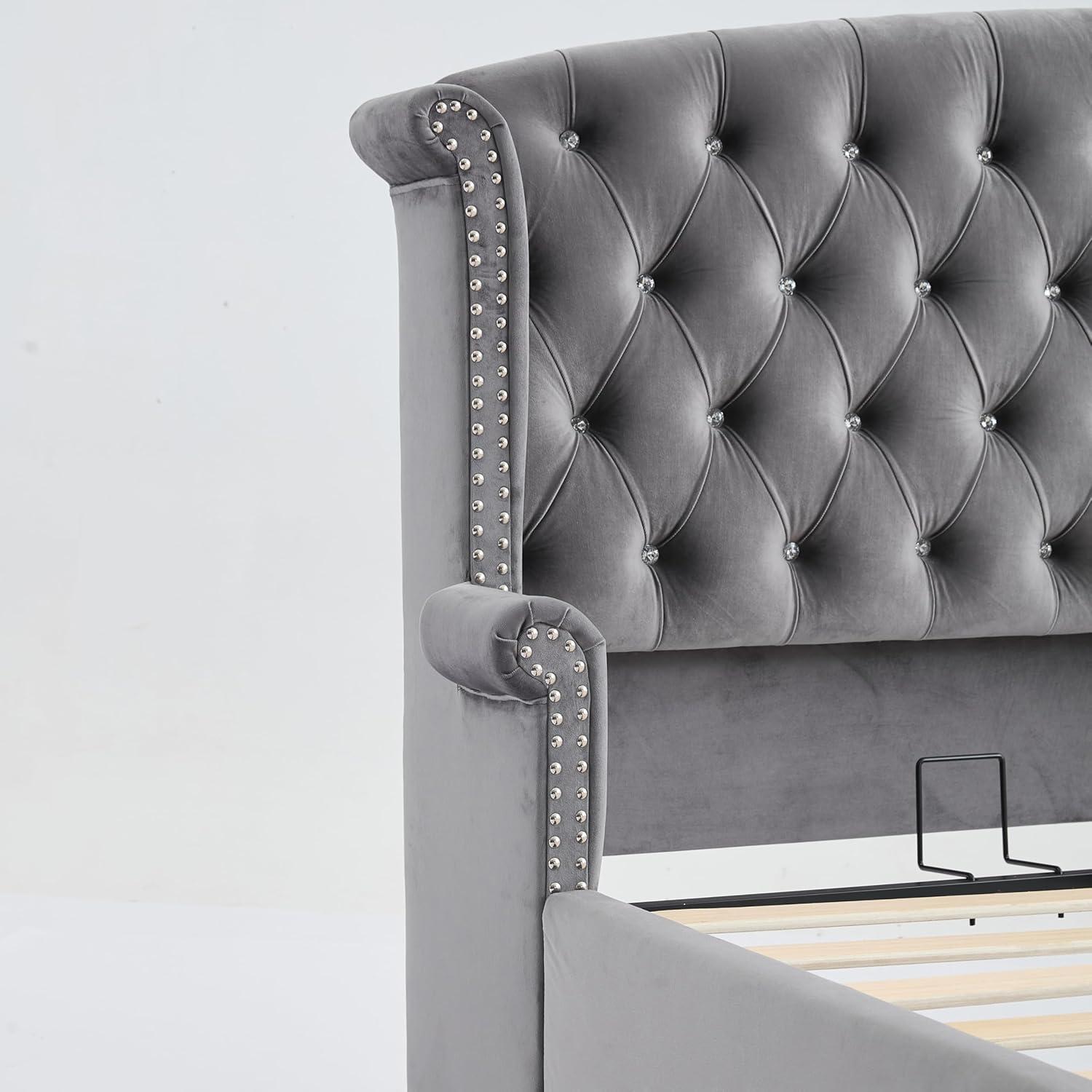 image:imageChristopher Knight Home Averil Modern King Size Platform Bed Frame with Velvet Upholstered Headboard Wooden King Size Bed Frame with Wingback Headboard No Box Spring Needed Easy Assembly CreamDark Grey