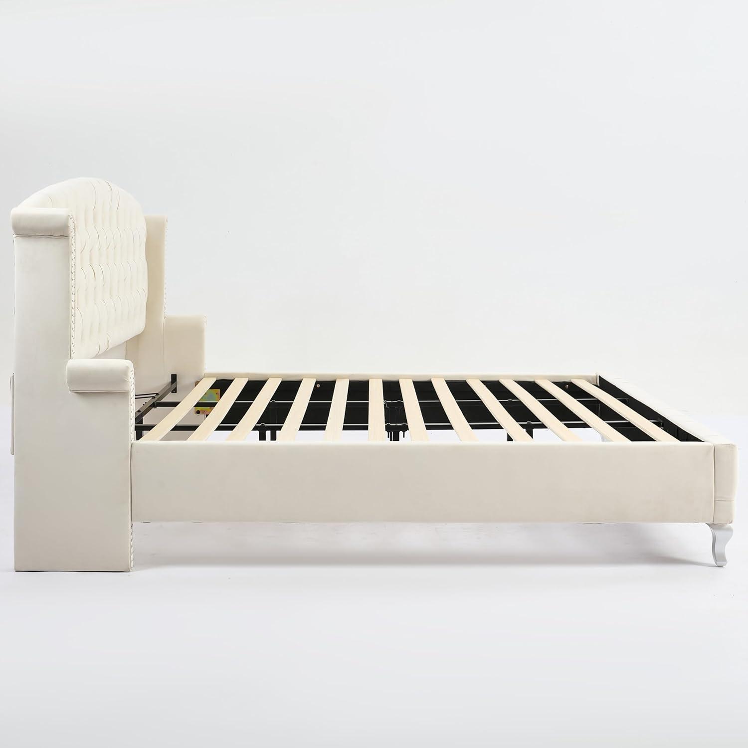 image:imageChristopher Knight Home Averil Modern King Size Platform Bed Frame with Velvet Upholstered Headboard Wooden King Size Bed Frame with Wingback Headboard No Box Spring Needed Easy Assembly CreamCream