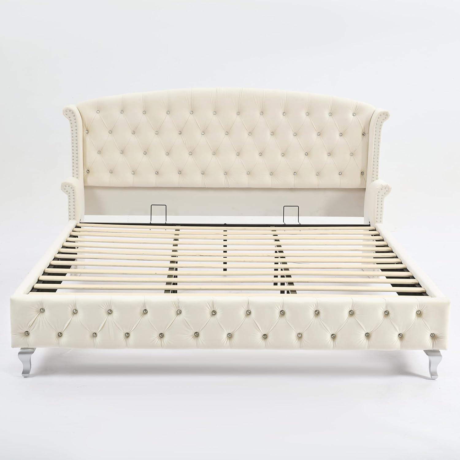 image:imageChristopher Knight Home Averil Modern King Size Platform Bed Frame with Velvet Upholstered Headboard Wooden King Size Bed Frame with Wingback Headboard No Box Spring Needed Easy Assembly CreamCream