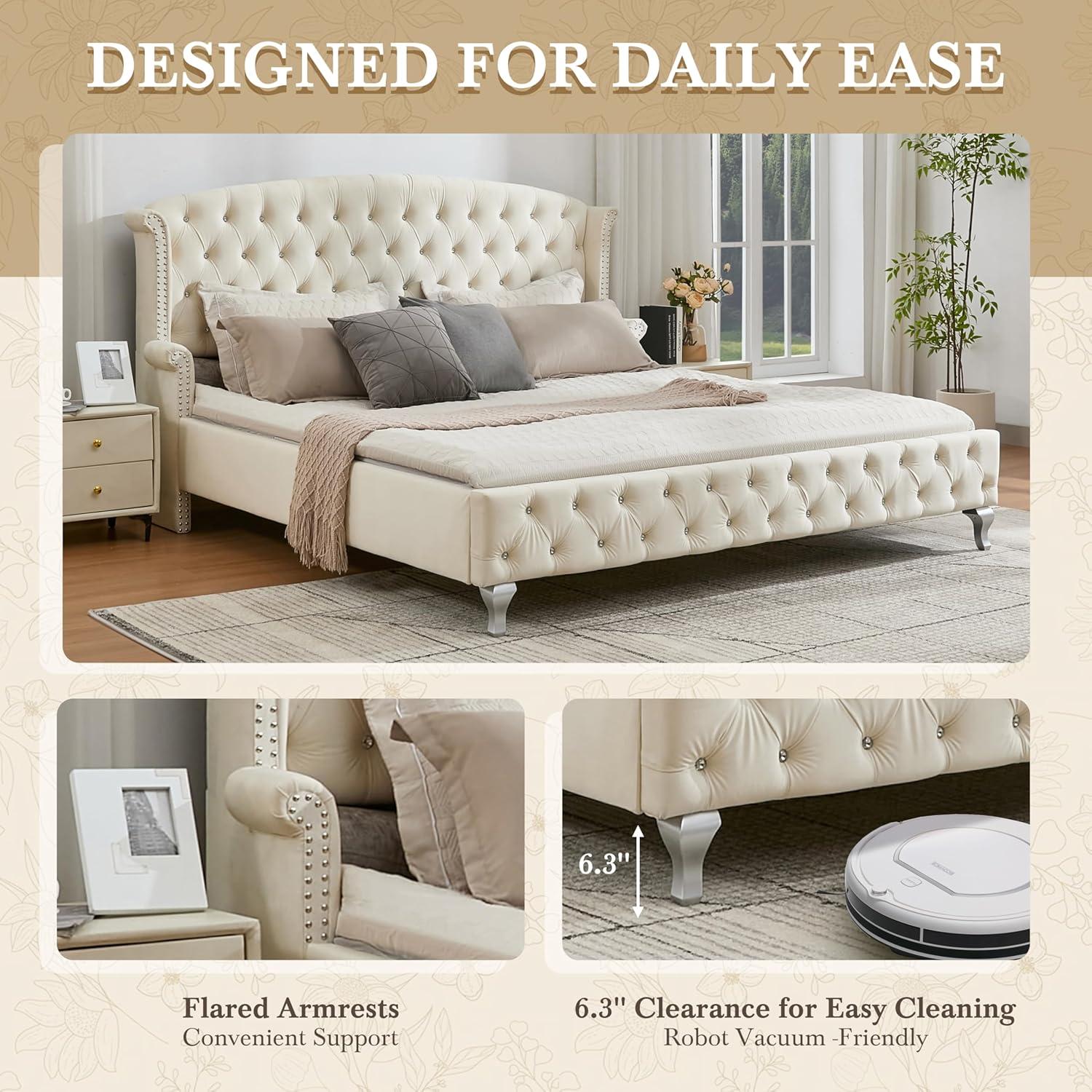 image:imageChristopher Knight Home Averil Modern King Size Platform Bed Frame with Velvet Upholstered Headboard Wooden King Size Bed Frame with Wingback Headboard No Box Spring Needed Easy Assembly CreamCream