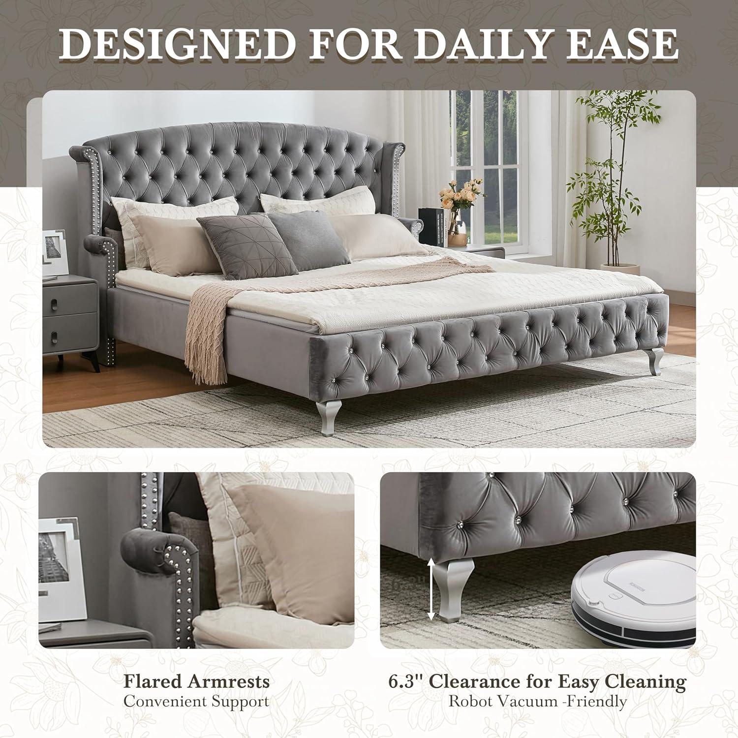 image:imageChristopher Knight Home Averil Modern King Size Platform Bed Frame with Velvet Upholstered Headboard Wooden King Size Bed Frame with Wingback Headboard No Box Spring Needed Easy Assembly CreamDark Grey