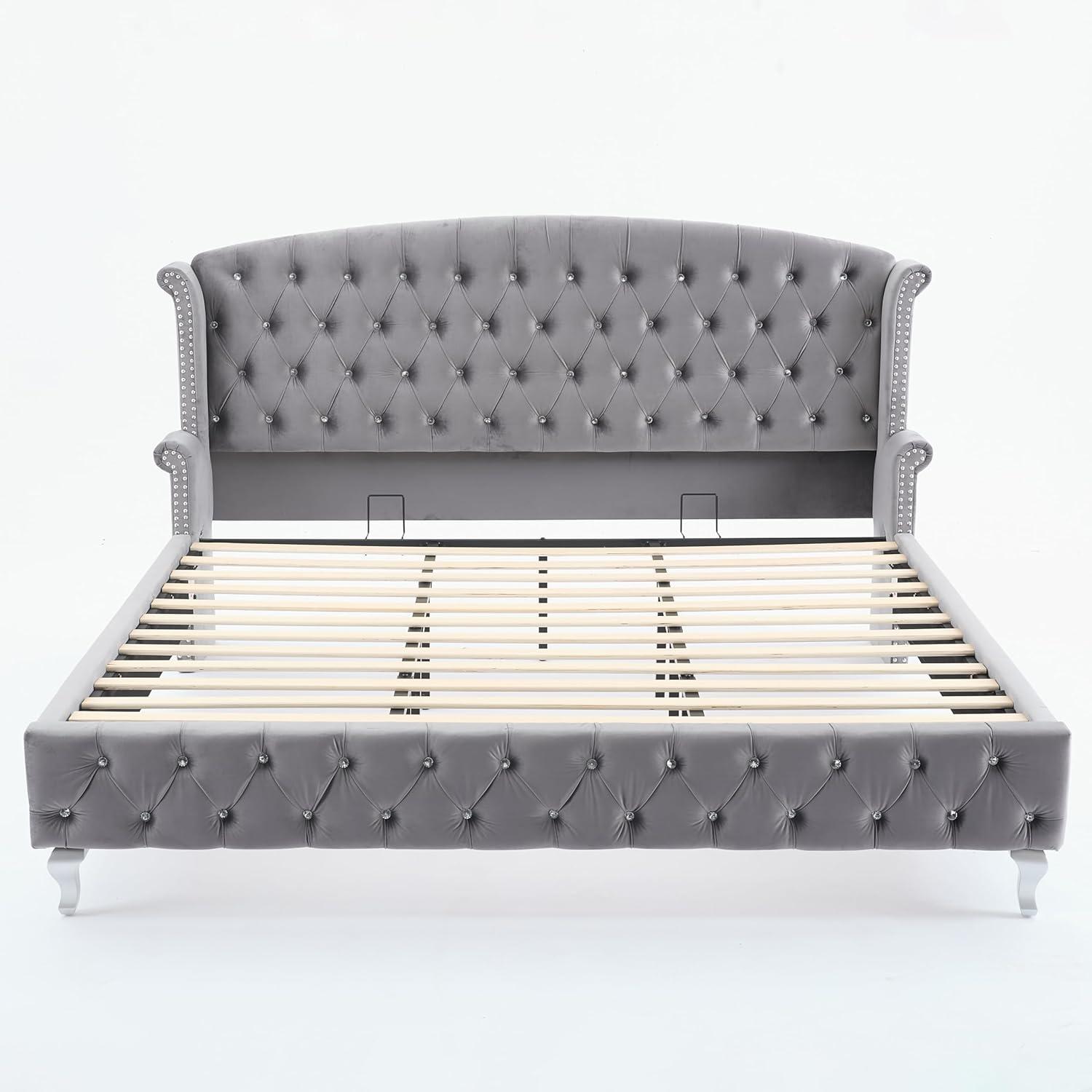 image:imageChristopher Knight Home Averil Modern King Size Platform Bed Frame with Velvet Upholstered Headboard Wooden King Size Bed Frame with Wingback Headboard No Box Spring Needed Easy Assembly CreamDark Grey