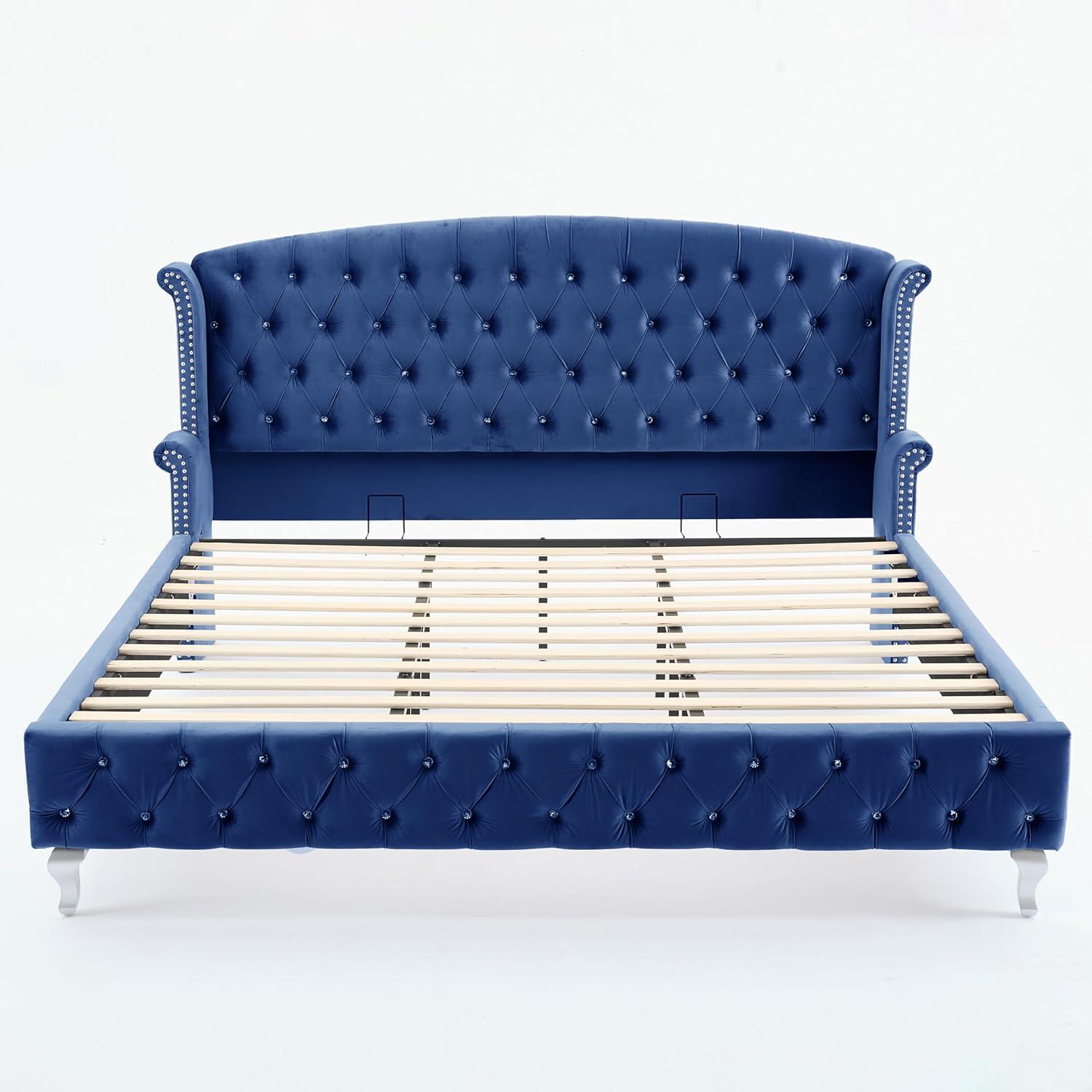 image:imageChristopher Knight Home Averil Modern King Size Platform Bed Frame with Velvet Upholstered Headboard Wooden King Size Bed Frame with Wingback Headboard No Box Spring Needed Easy Assembly CreamNavy Blue