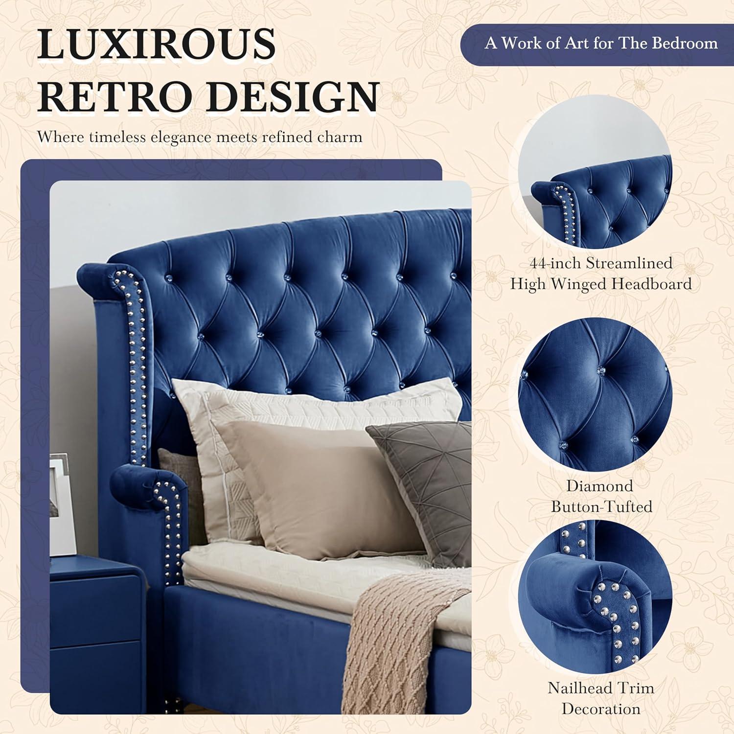 image:imageChristopher Knight Home Averil Modern King Size Platform Bed Frame with Velvet Upholstered Headboard Wooden King Size Bed Frame with Wingback Headboard No Box Spring Needed Easy Assembly CreamNavy Blue